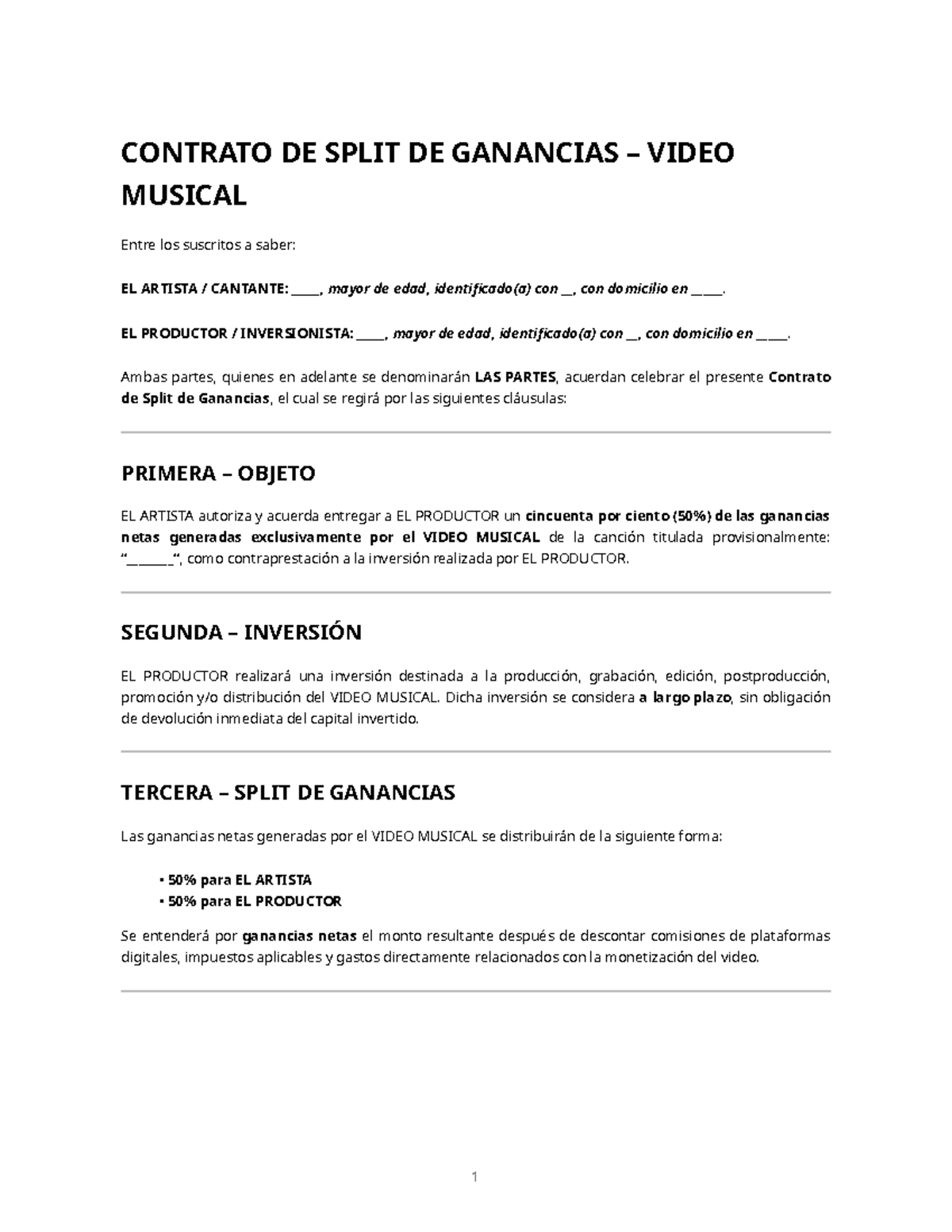 Contrato de Split de Ganancias para Video Musical - Studocu