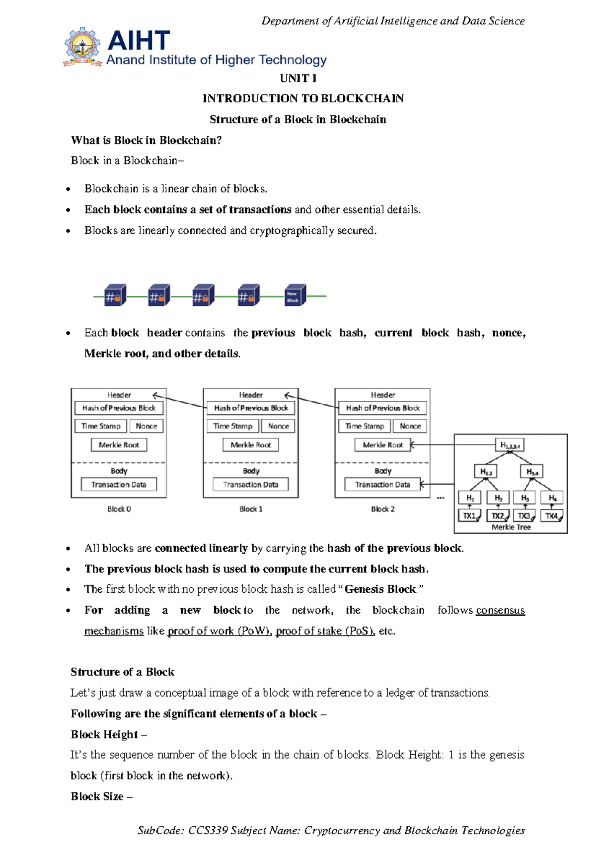 CCS339 Unit 1: Introduction to Blockchain and Block Structure Notes ...