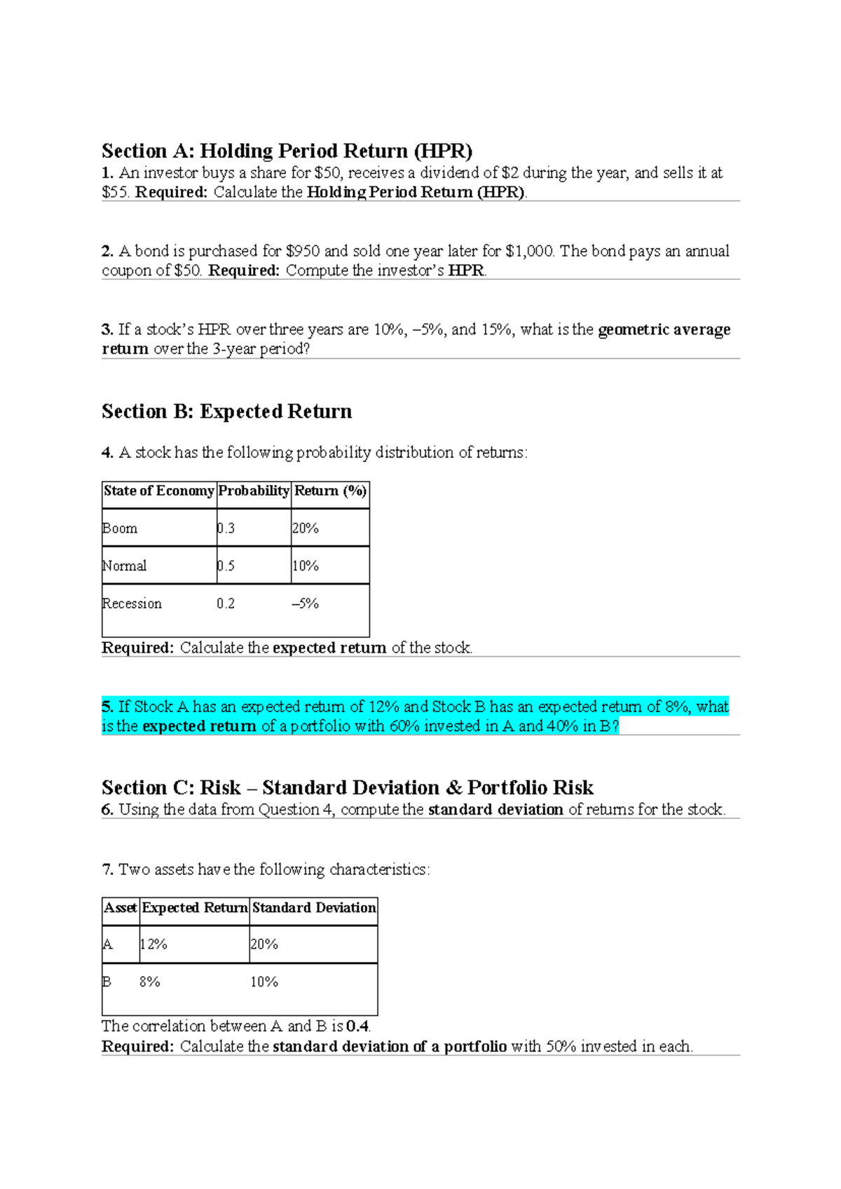 Class Test: Risk & Return Analysis - HPR, Expected Return, Std Dev ...