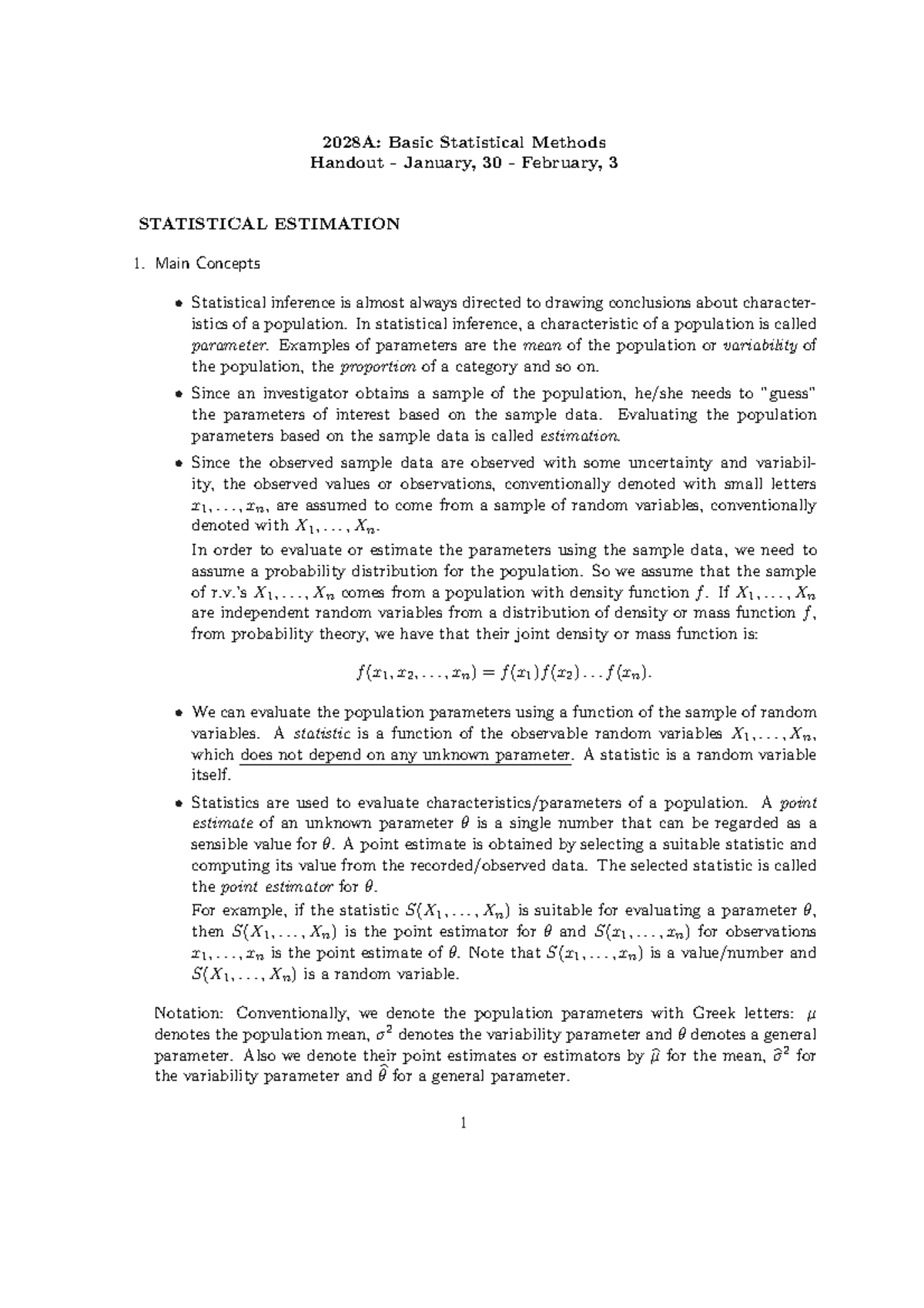 2028A: Statistical Estimation Concepts and Examples Handout - Studocu