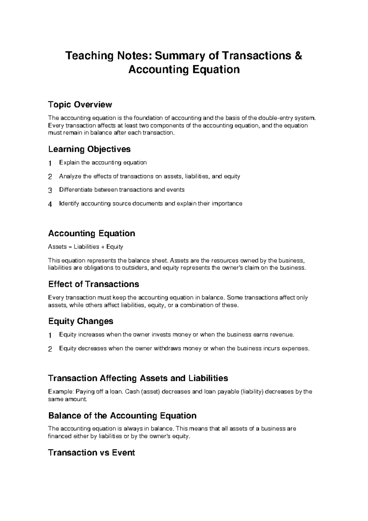 Teaching Notes: Overview of Transactions & Accounting Equation - Studocu
