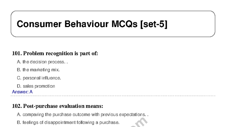 Consumer Behaviour MCQs 101-125: Key Concepts and Answers - Studocu