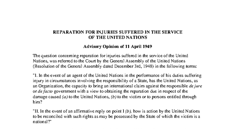 Advisory Opinion on UN Agent Reparation Claims (1948) - Studocu