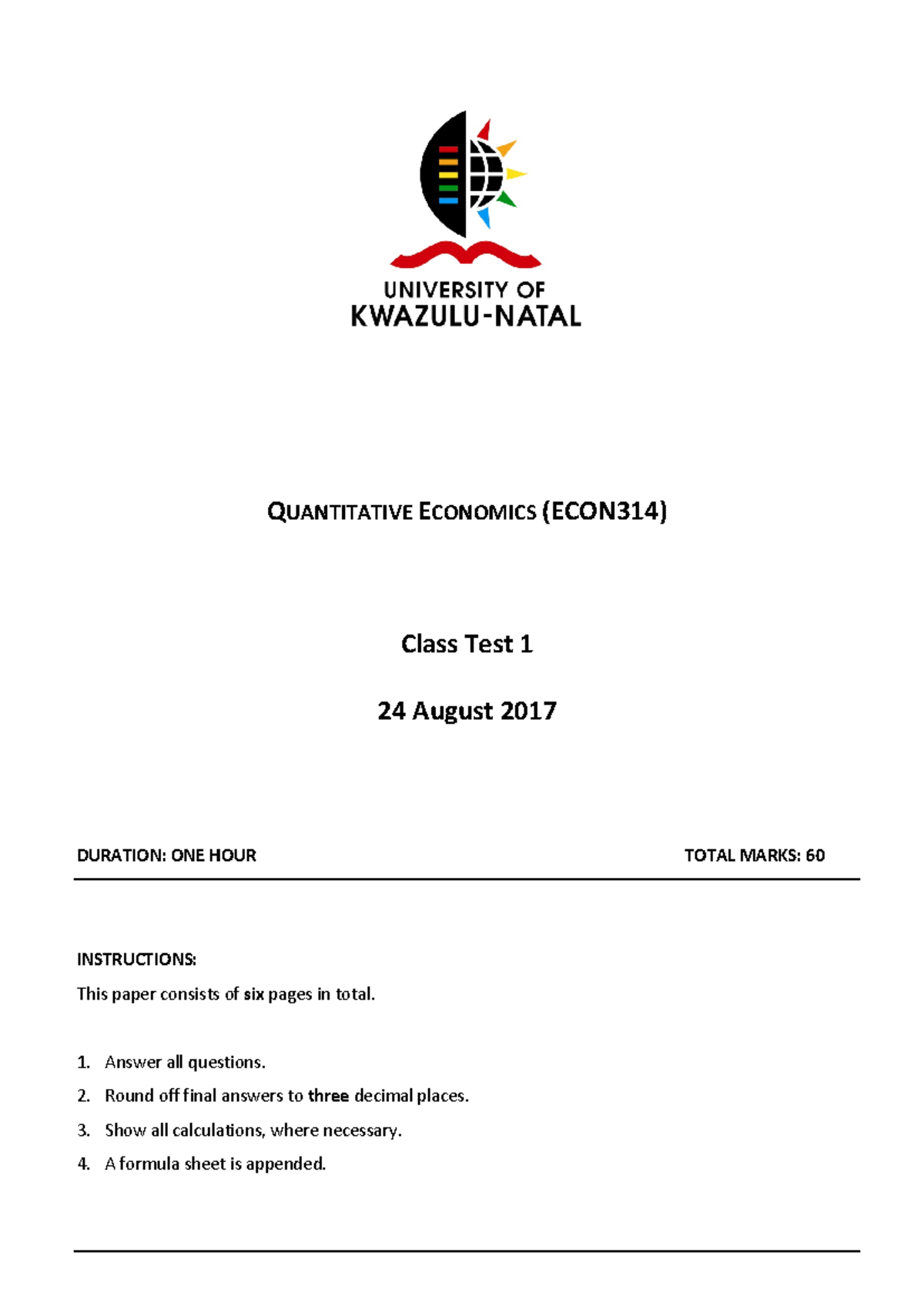 2017 ECON314 Class Test 1: Quantitative Economics Insights - Studocu