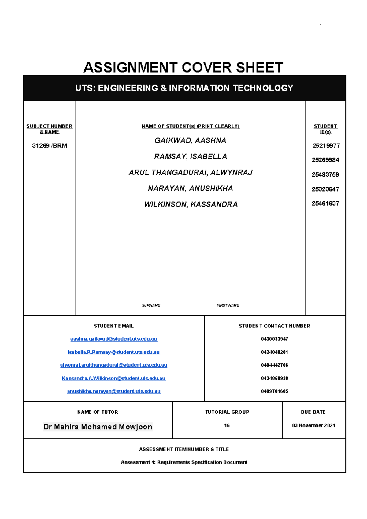 Assessment 4 Requirements Specification document - ASSIGNMENT COVER ...