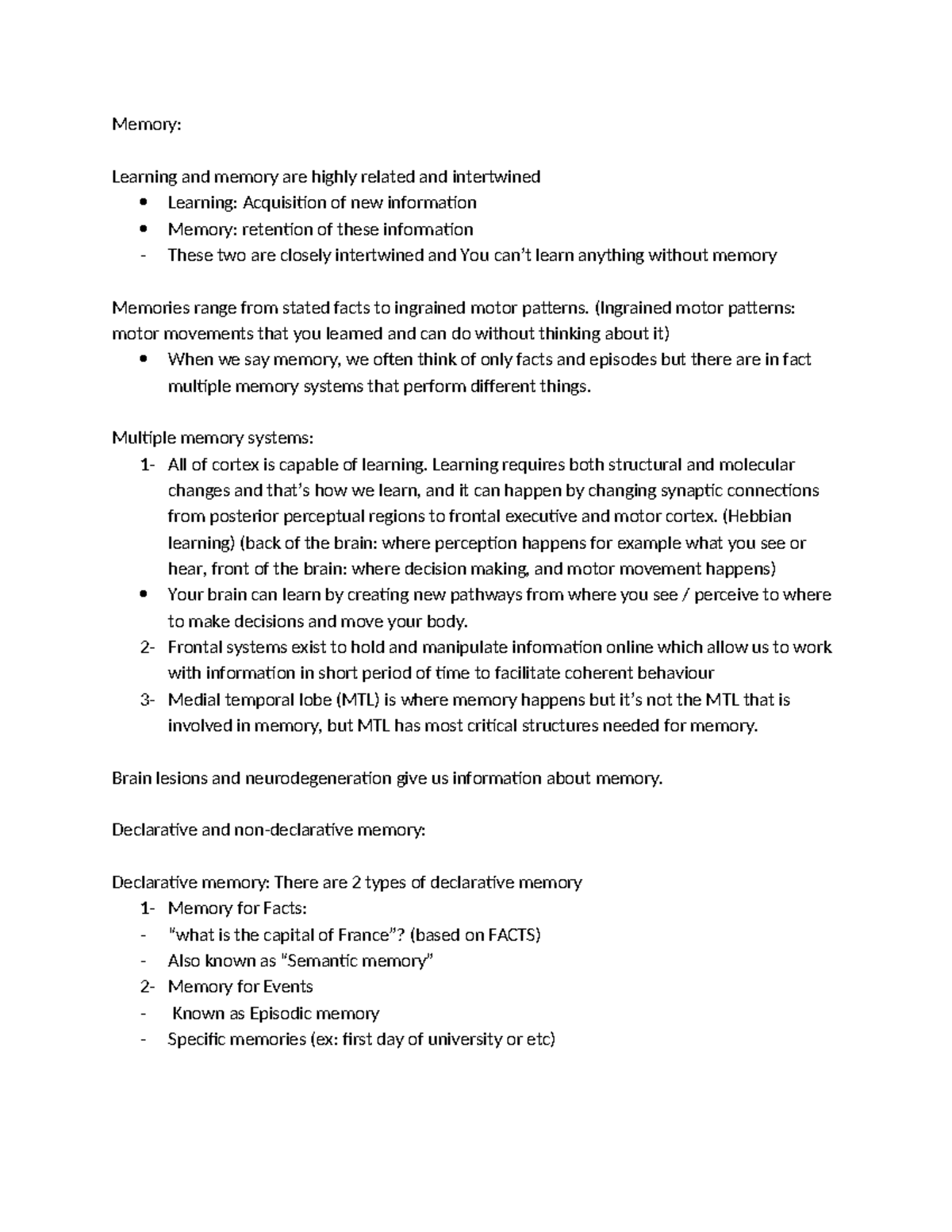 Memory - practice questions - Memory: Learning and memory are highly ...