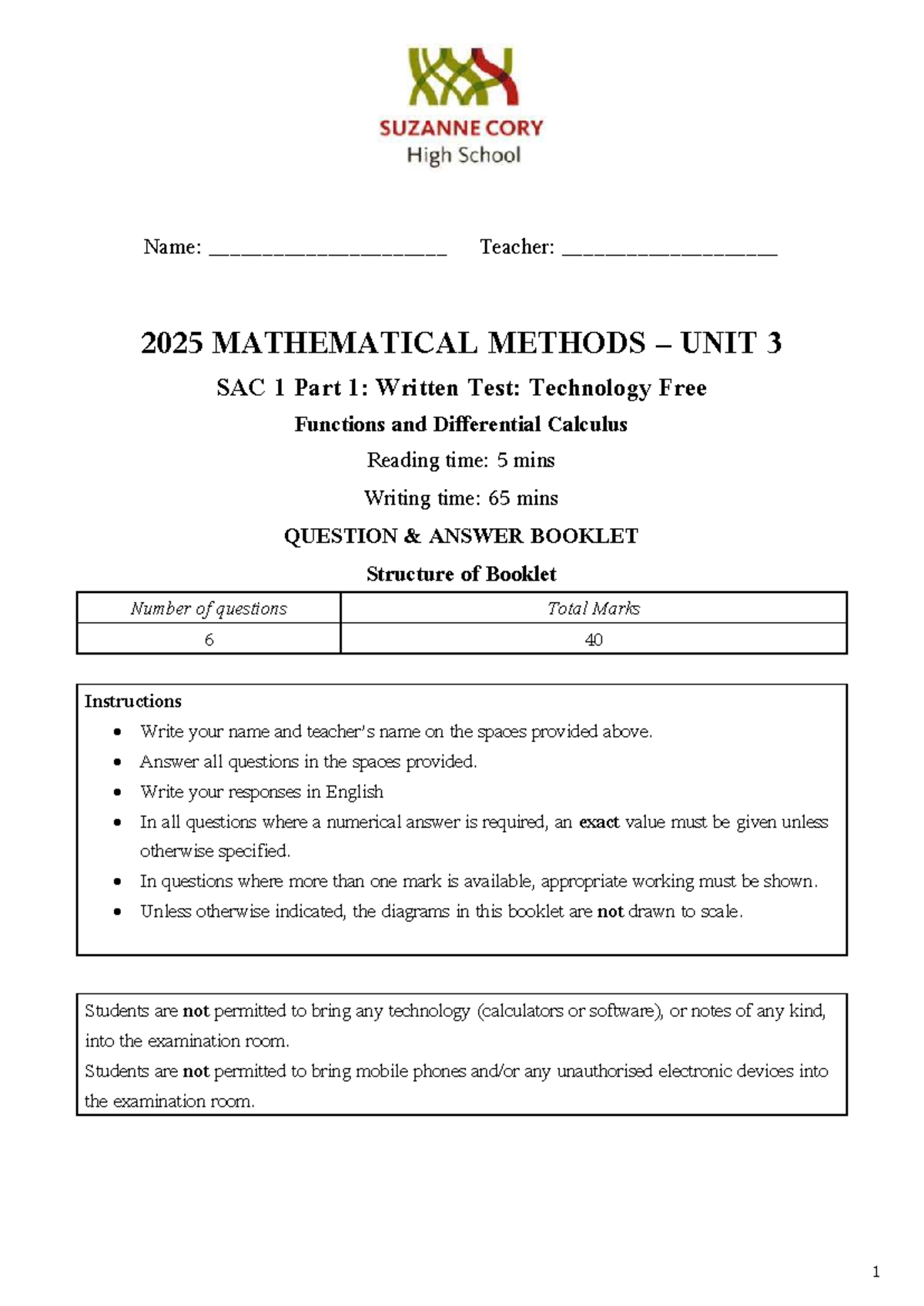 [SAC] 2025 MATHEMATICAL METHODS UNIT 3 SAC 1: Functions & Calculus Test ...