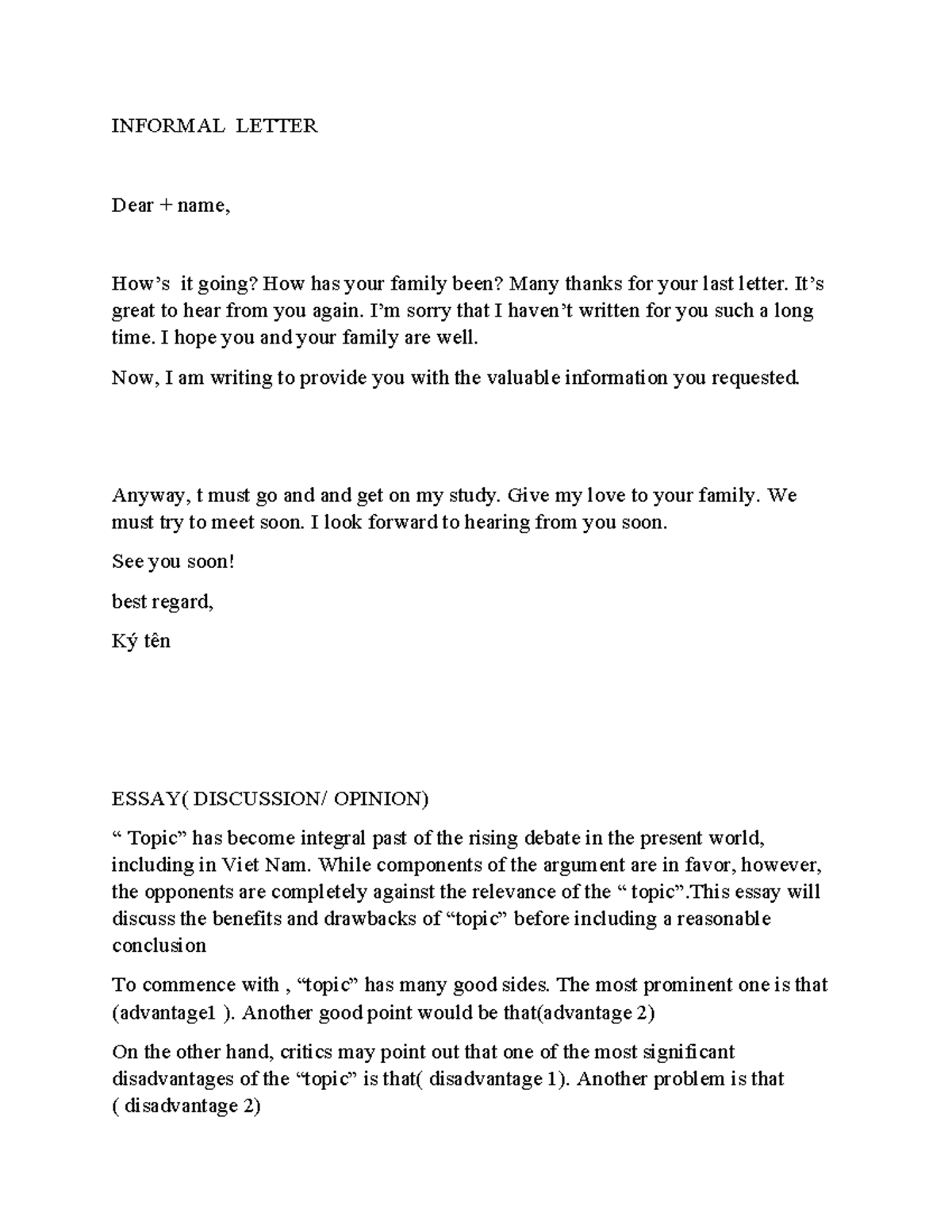 Informal Letter & Essay Notes on 