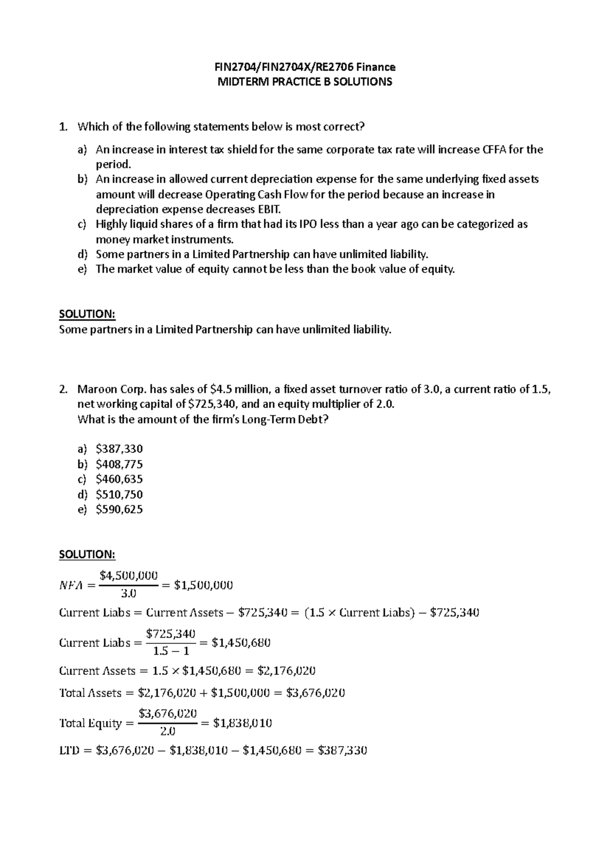Finance MIDTERM PRACTICE B SOLUTIONS: Key Concepts and Answers - Studocu