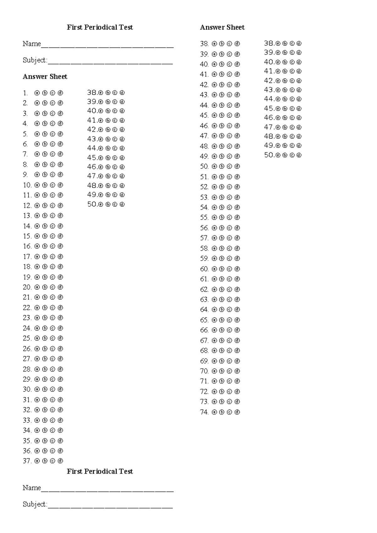 Shading answer sheet 1 50 - First Periodical Test Name