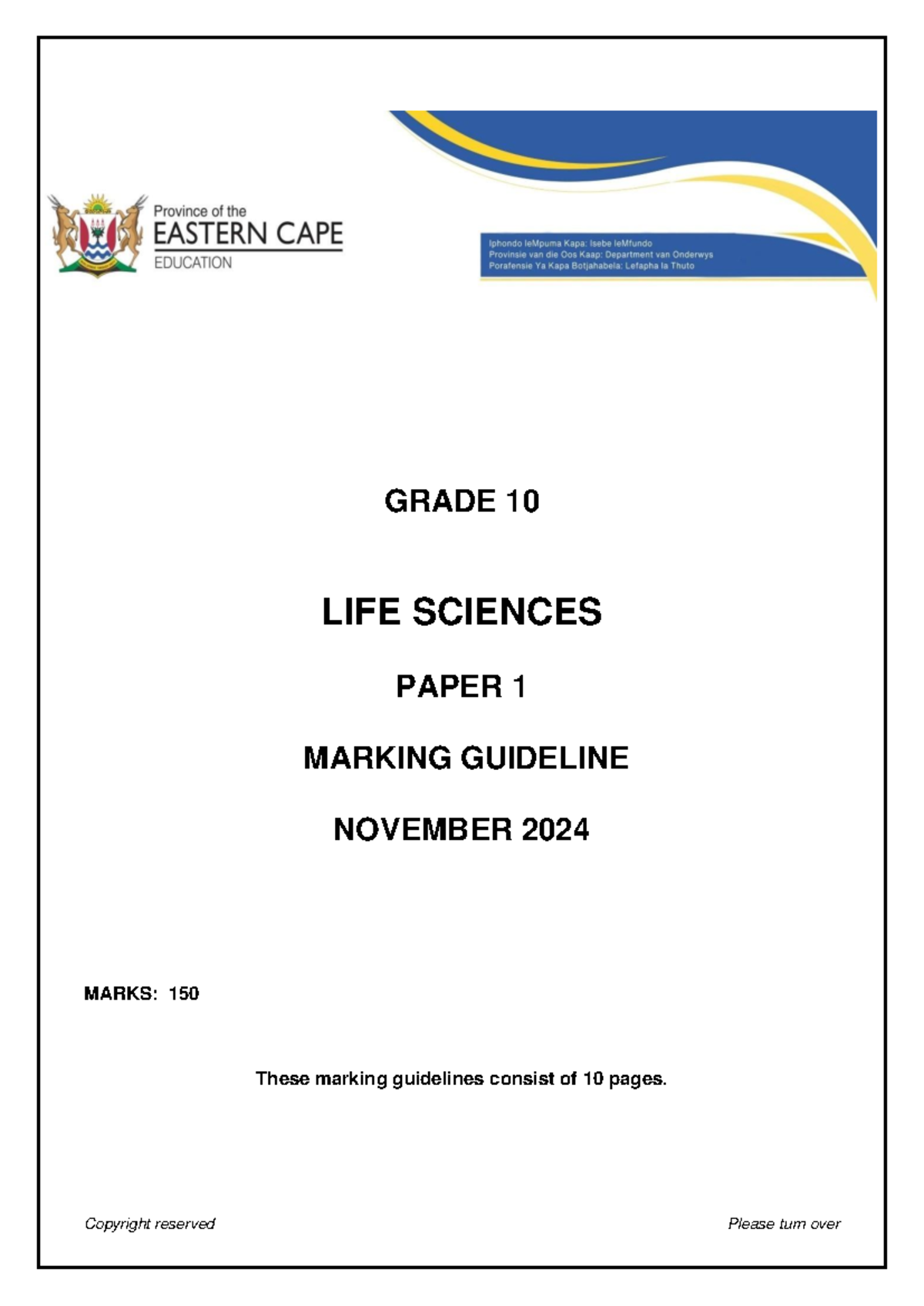 Grade 10 Life Sciences P1 Marking Guideline - November 2024 - Studocu