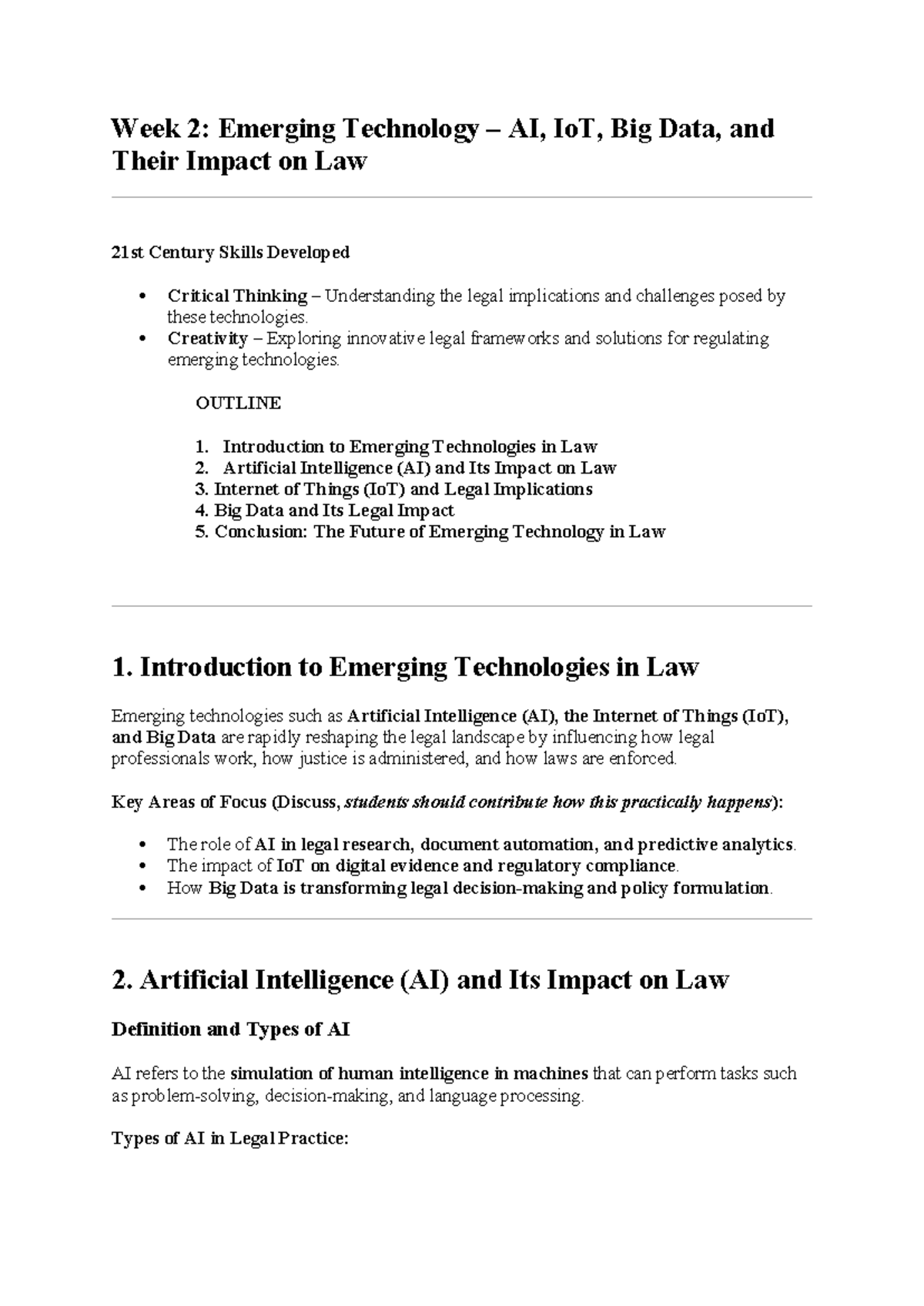 LAW AND TECH NOTE 1: Emerging Tech in Law - AI, IoT, Big Data - Studocu
