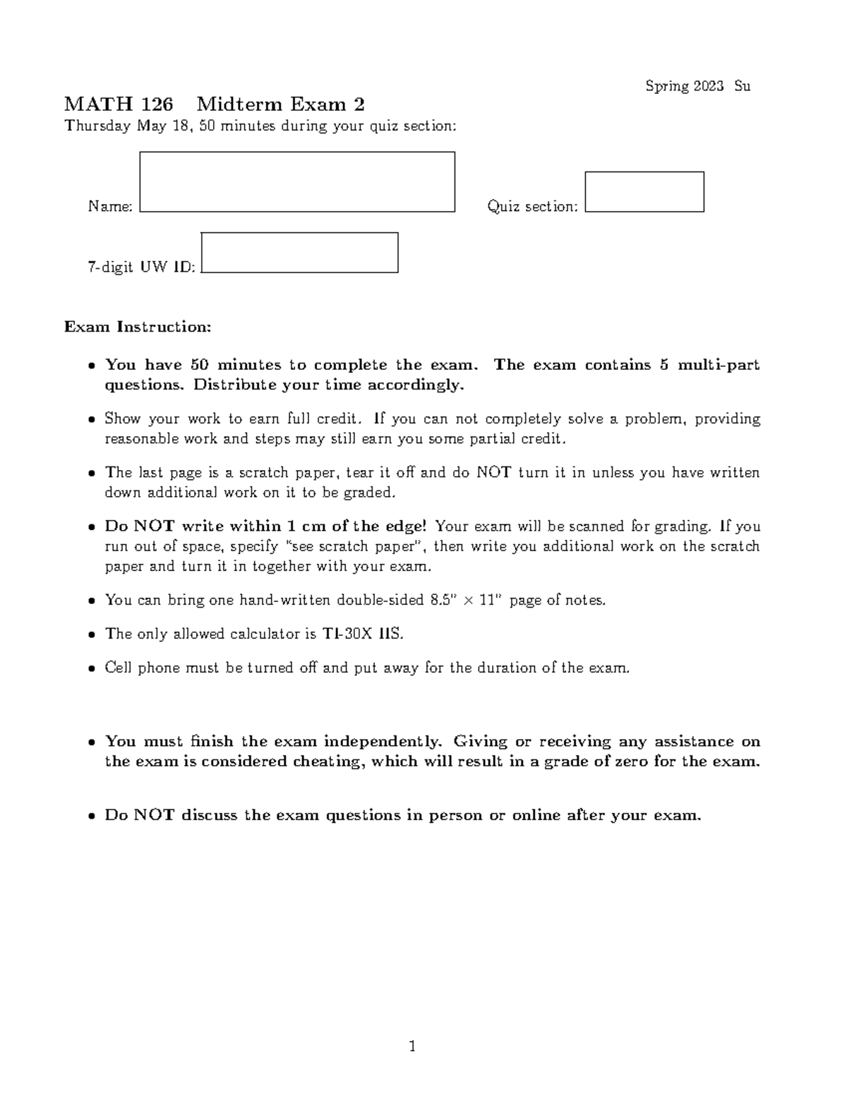 126 Exam 2 Sp 23 - math study guide - Spring 2023 Su MATH 126 Midterm ...