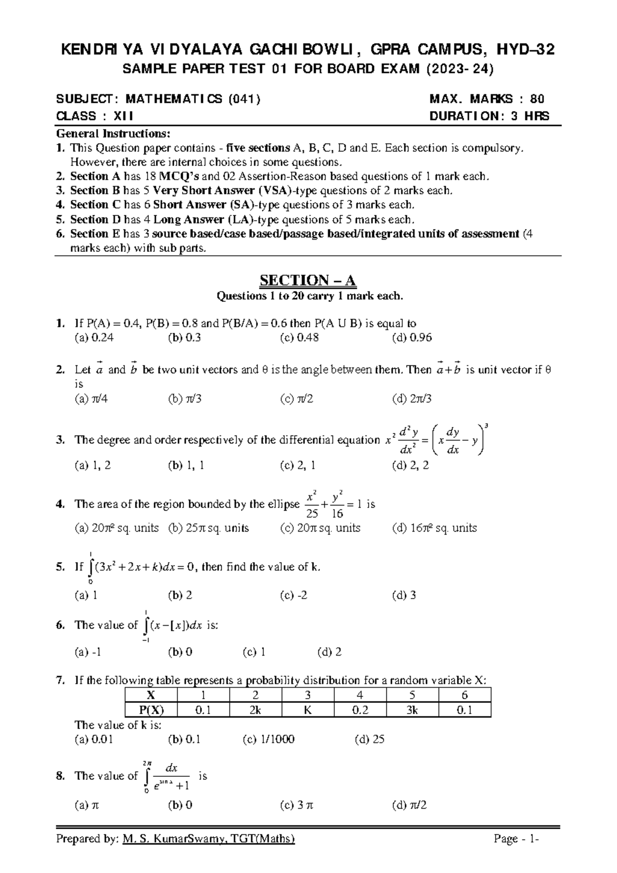 Maths class xii sample paper test 01 for board exam 2024 - KENDRIYA ...