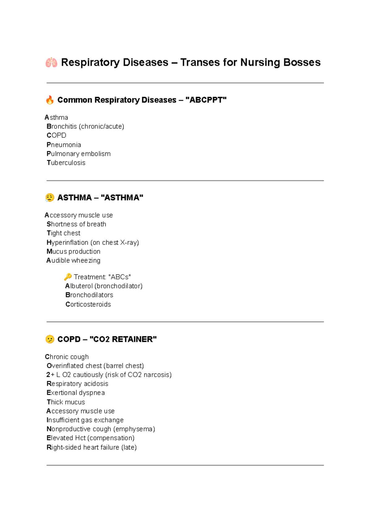 NUR 301 Final Exam Notes: Common Respiratory Diseases and Treatments ...