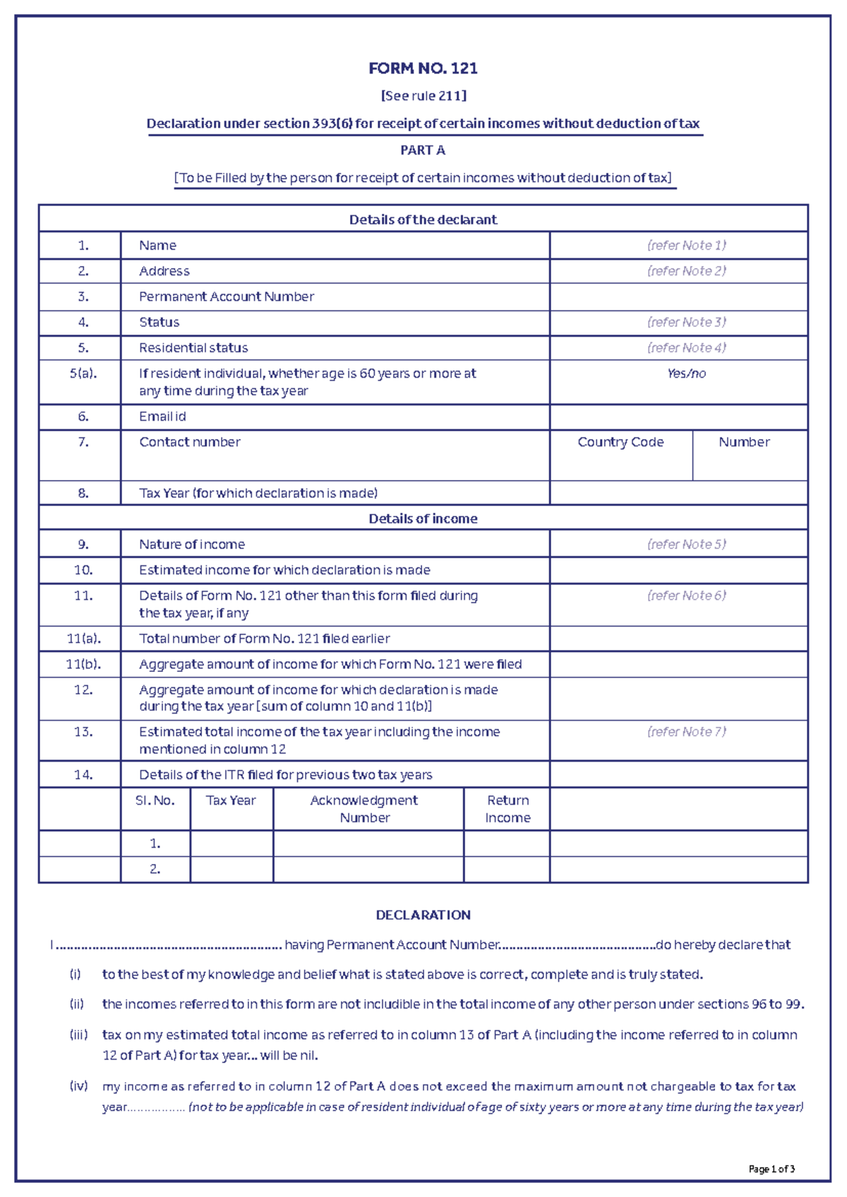 Form 121: Declaration Under Section 393(6) for Income Tax Exemption ...