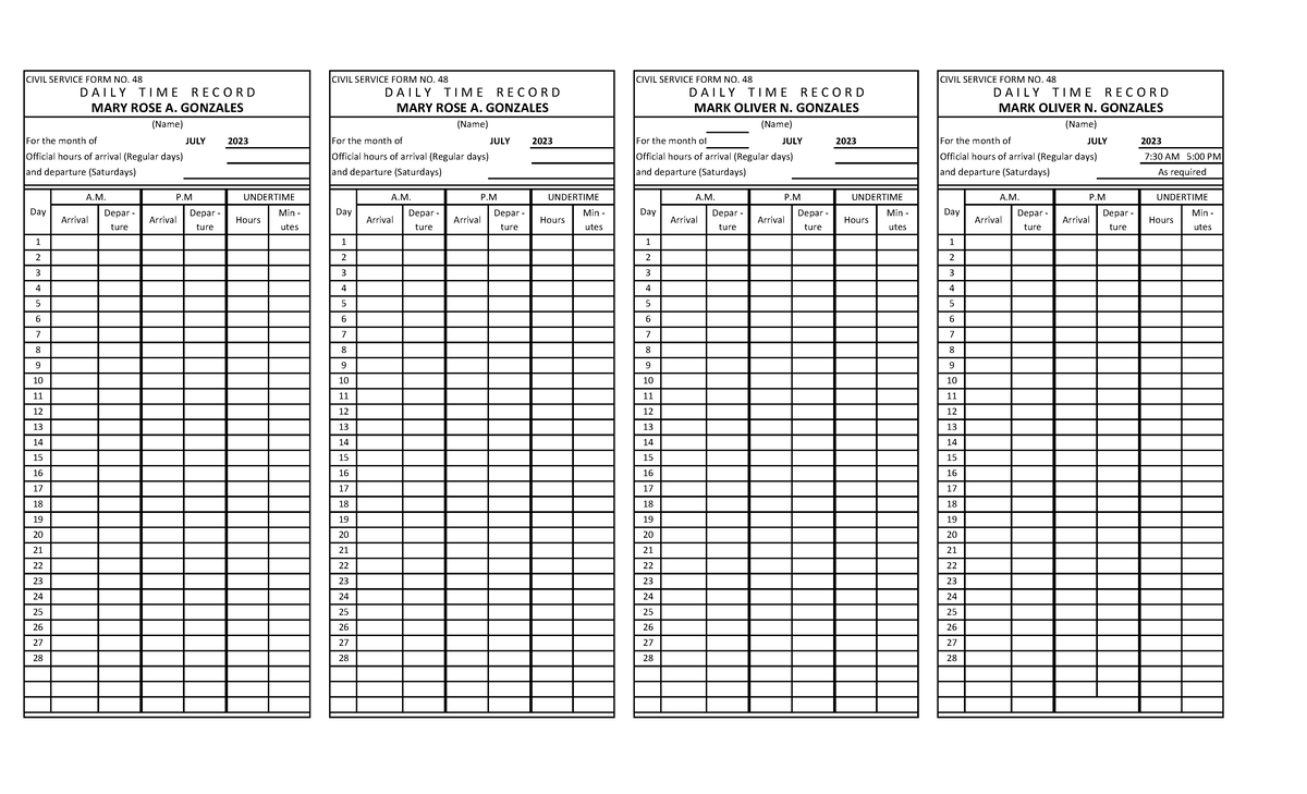 CIVIL SERVICE FORM NO. 48 DAILY TIME RECORD TEMPLATE - Studocu