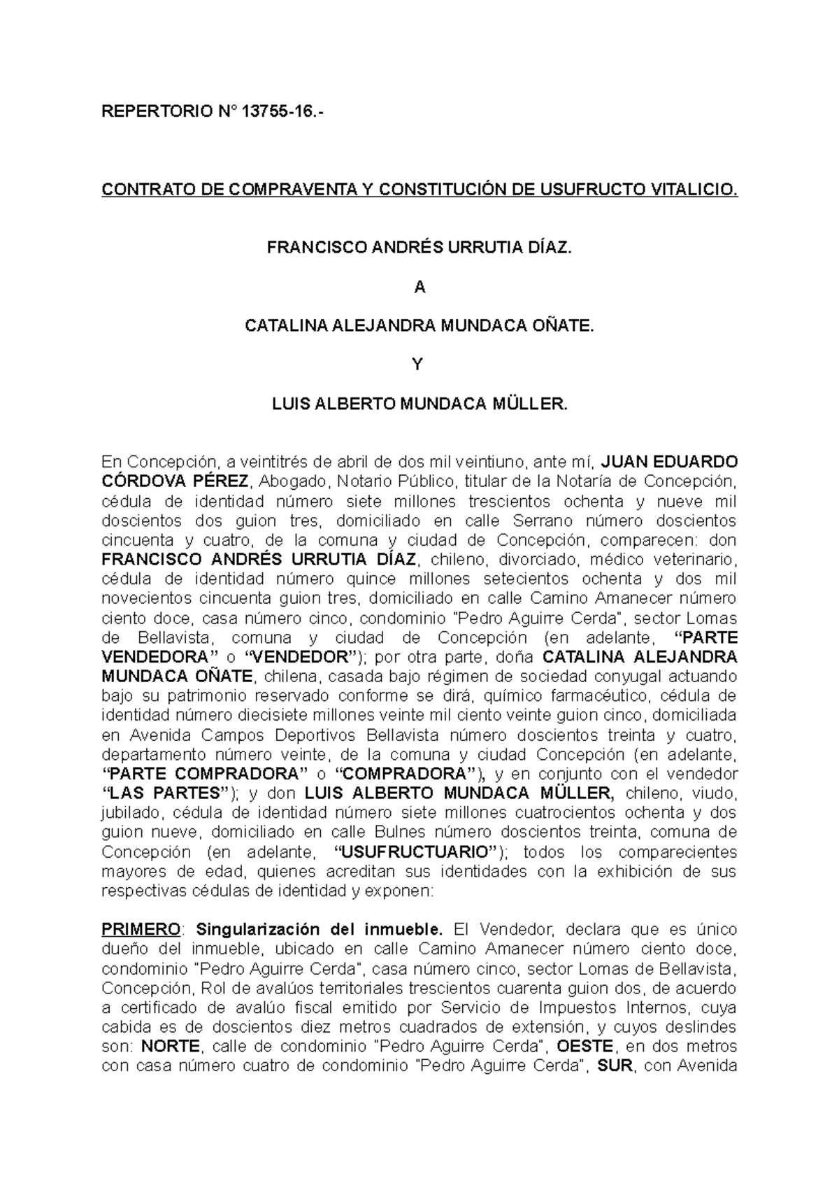 Contrato de Compraventa y Usufructo Vitalicio en Concepción - Document Preview