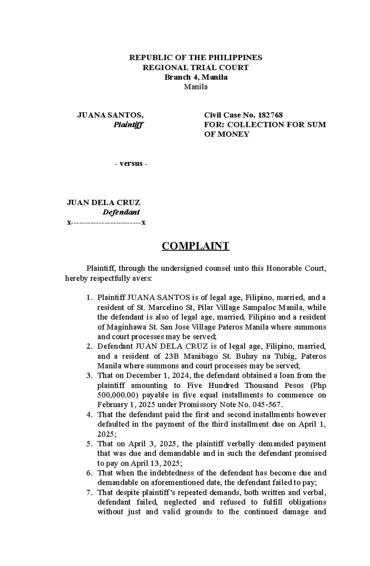 Civil Case No. 182768: Complaint for Collection of Sum of Money - Studocu