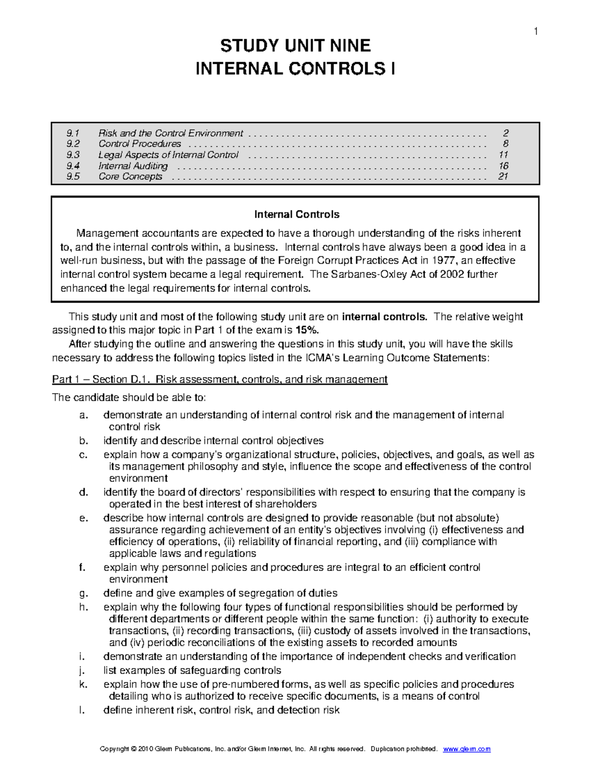 CMA-PART-1: Study Unit 9 - Internal Controls Overview and Key Concepts ...