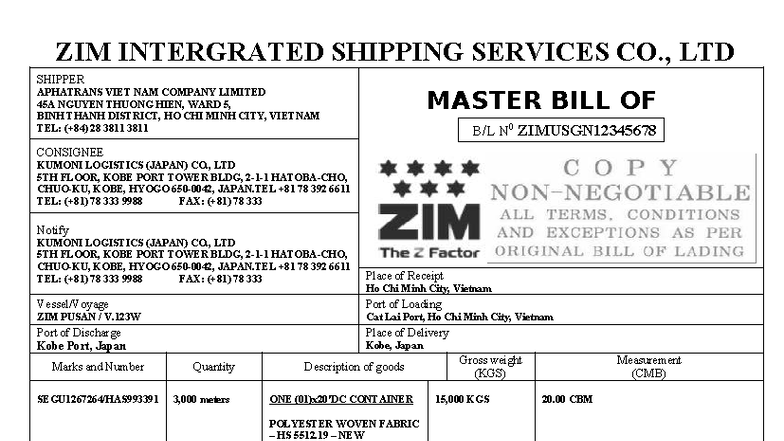 ZIMUSGN12345678 MBL - Shipper Master Bill of Lading - Studocu