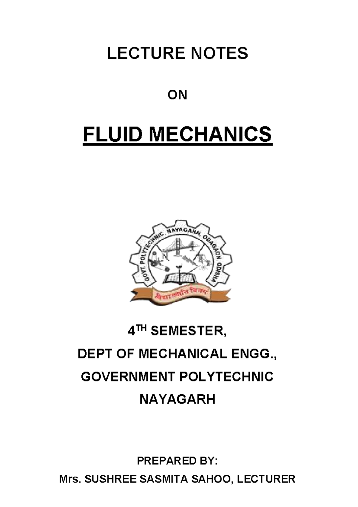 LECTURE NOTES ON FLUID MECHANICS (MECH 4TH SEM) - Studocu