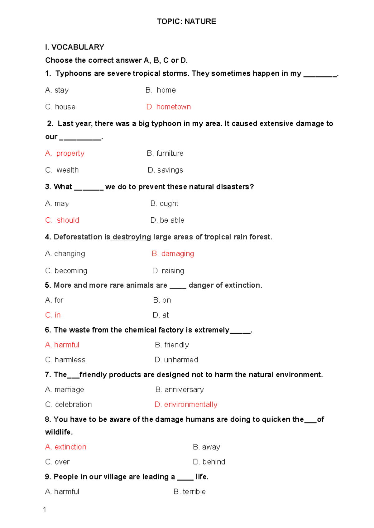 Topic Nature - TOPIC: NATURE I. VOCABULARY Choose the correct answer A ...