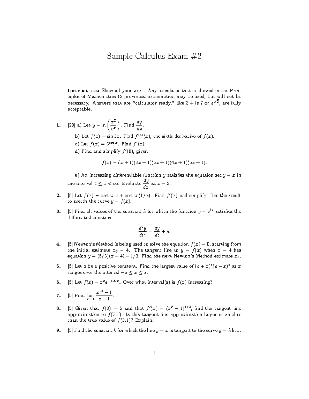 UBC Calculus Challenge Exam: Sample 2 Practice Test - Studocu