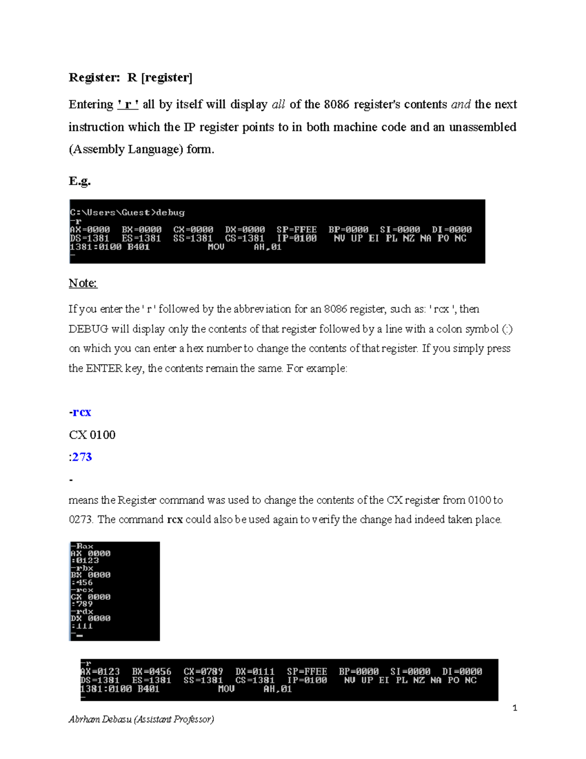 Microprocessor Lab One - Register: R [register] Entering ' r ' all by ...