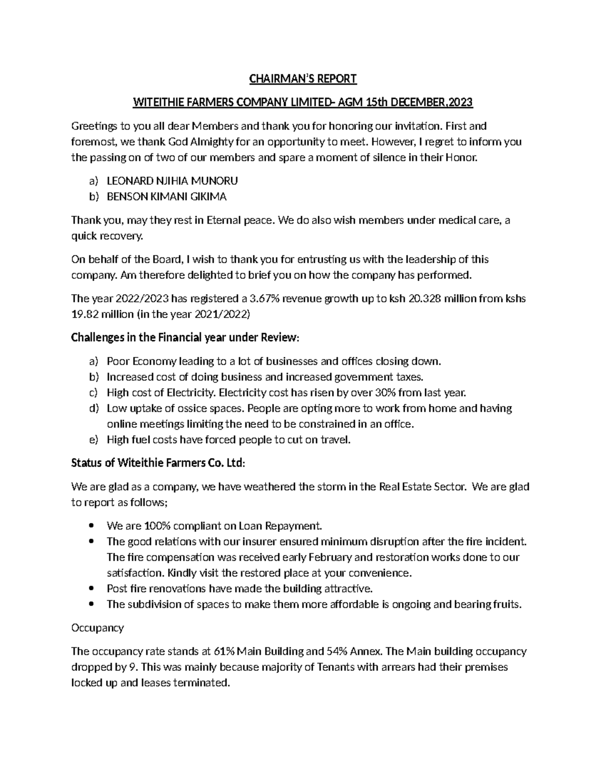 2023 Chairman's Report: Witeithie Farmers Co. AGM Insights - Studocu