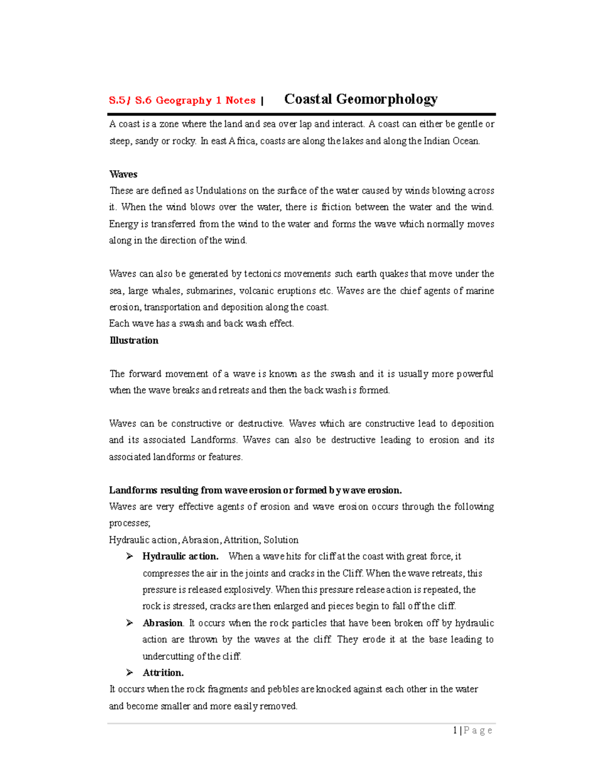 S.6 Geography 1 Notes: Understanding Coastal Geomorphology Concepts ...