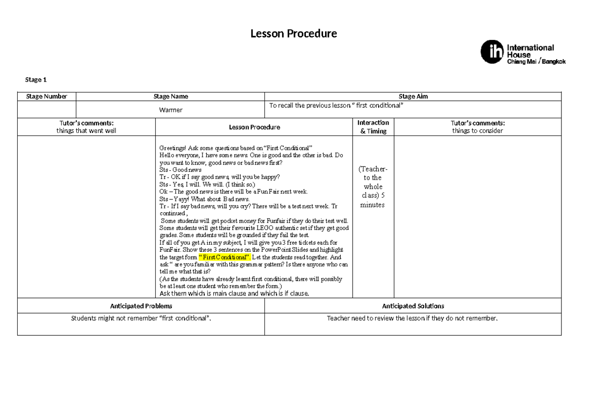 Lesson Procedure - Stage 1 Stage Number Stage Name Stage Aim Warmer To ...