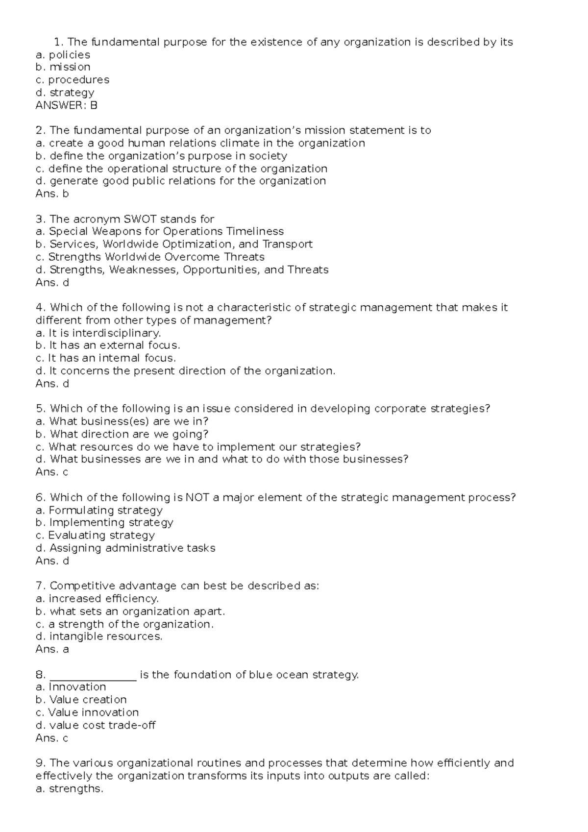 Strategic Management Quiz - Key Concepts and Answers (SM-101) - Studocu