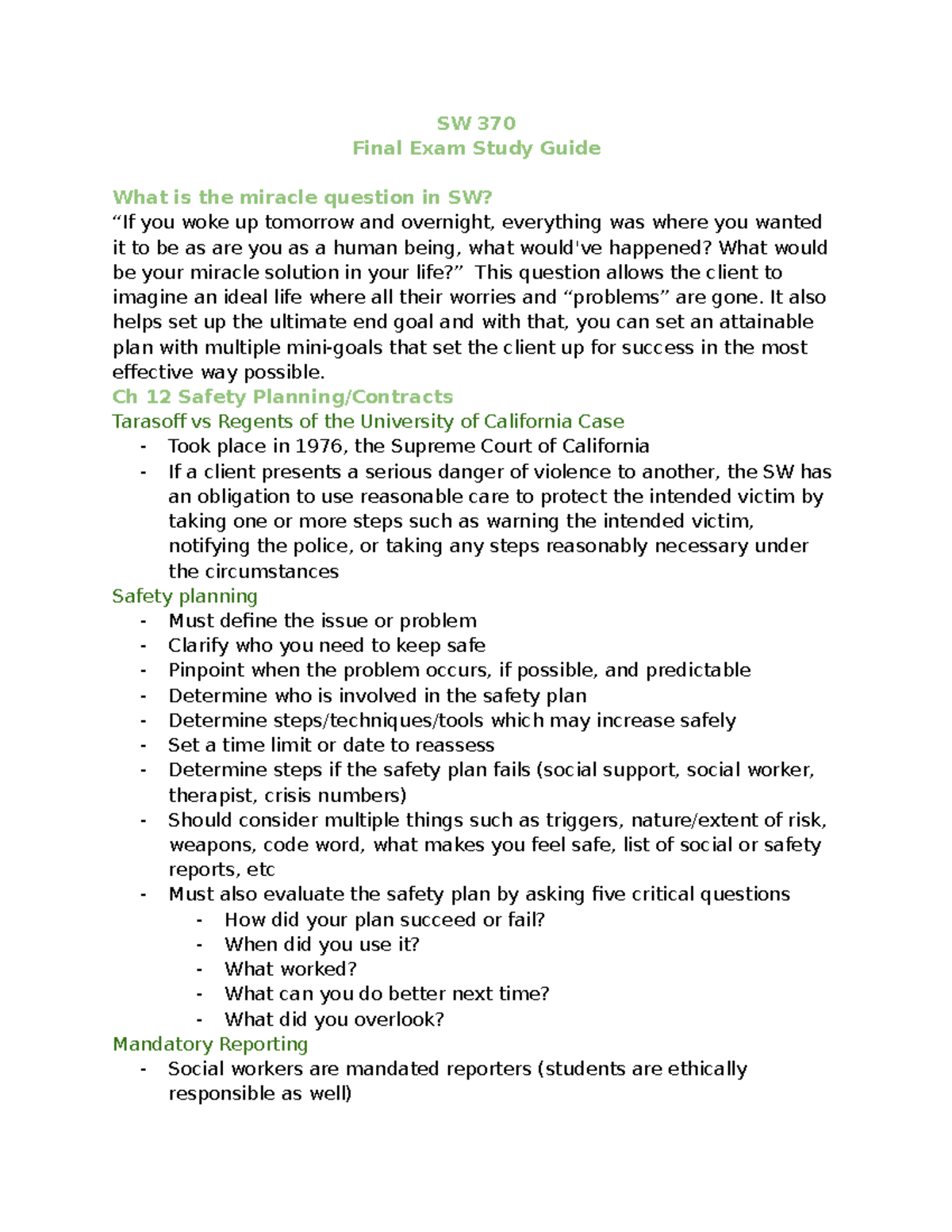 SW 370 Final Exam Study Guide: Key Concepts and Techniques - Studocu