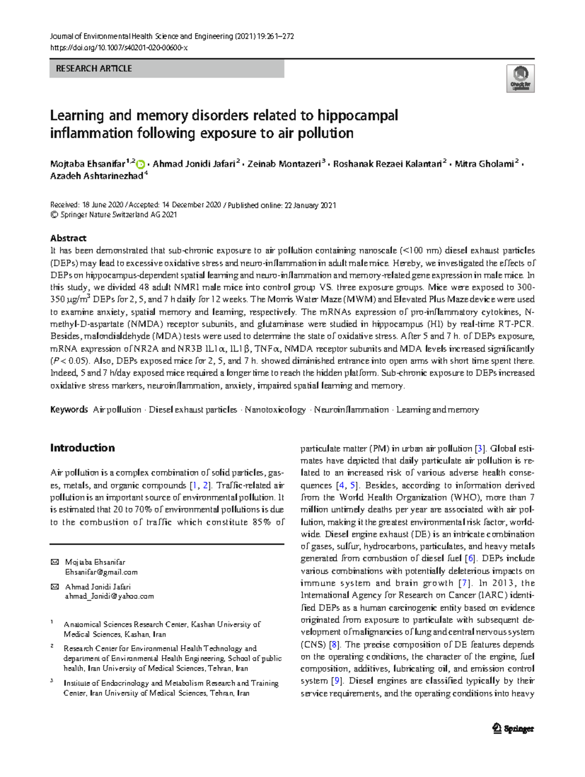 Learning and Memory Disorders Induced by Air Pollution: A Study on ...