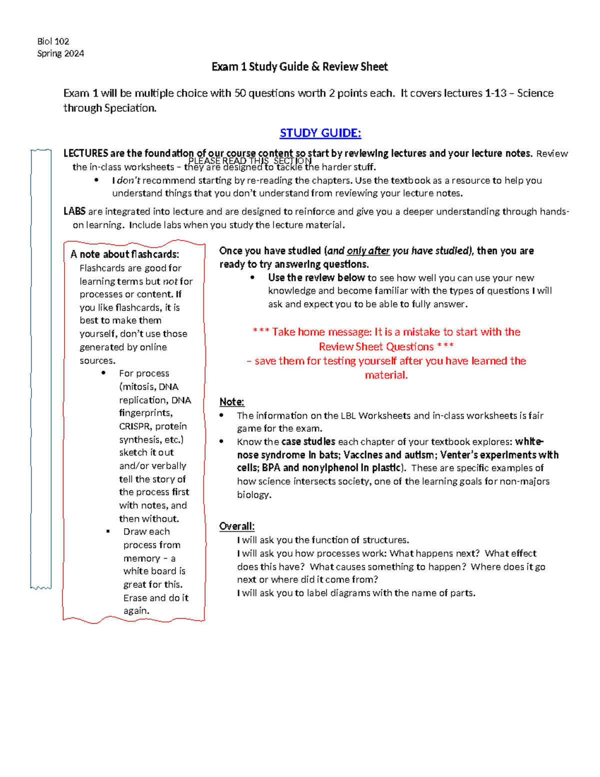 Biol 102 Exam 1 Study Guide & Review Sheet - Spring 2024 - Studocu