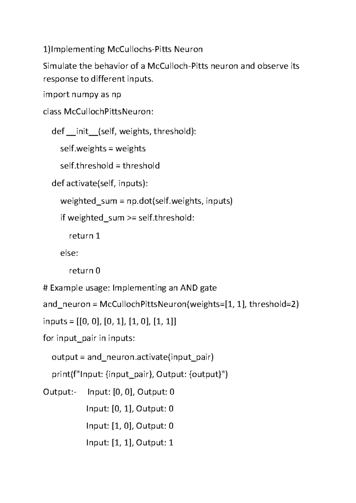 Deep Learning lab - ........ - 1)Implementing McCullochs-Pitts Neuron ...