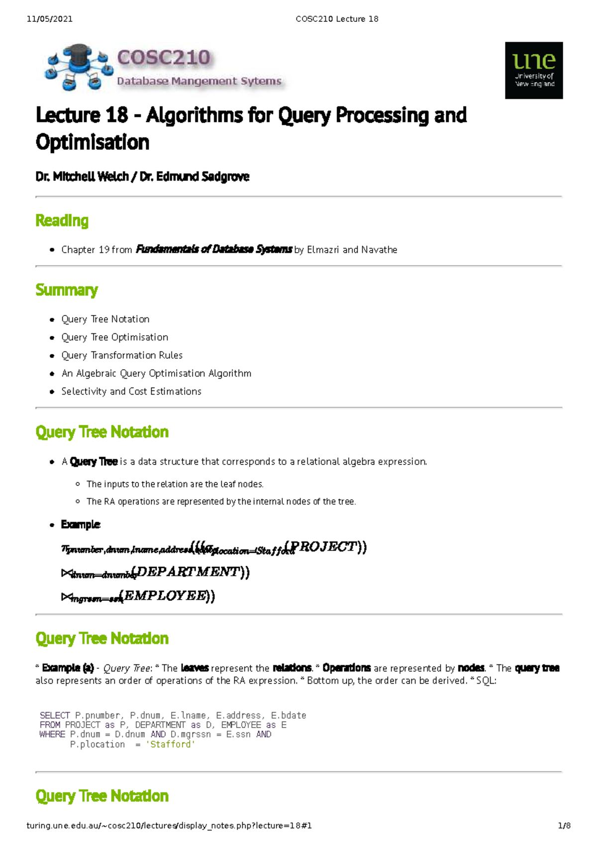 COSC210 Lecture 18: Algorithms for Query Processing & Optimization ...