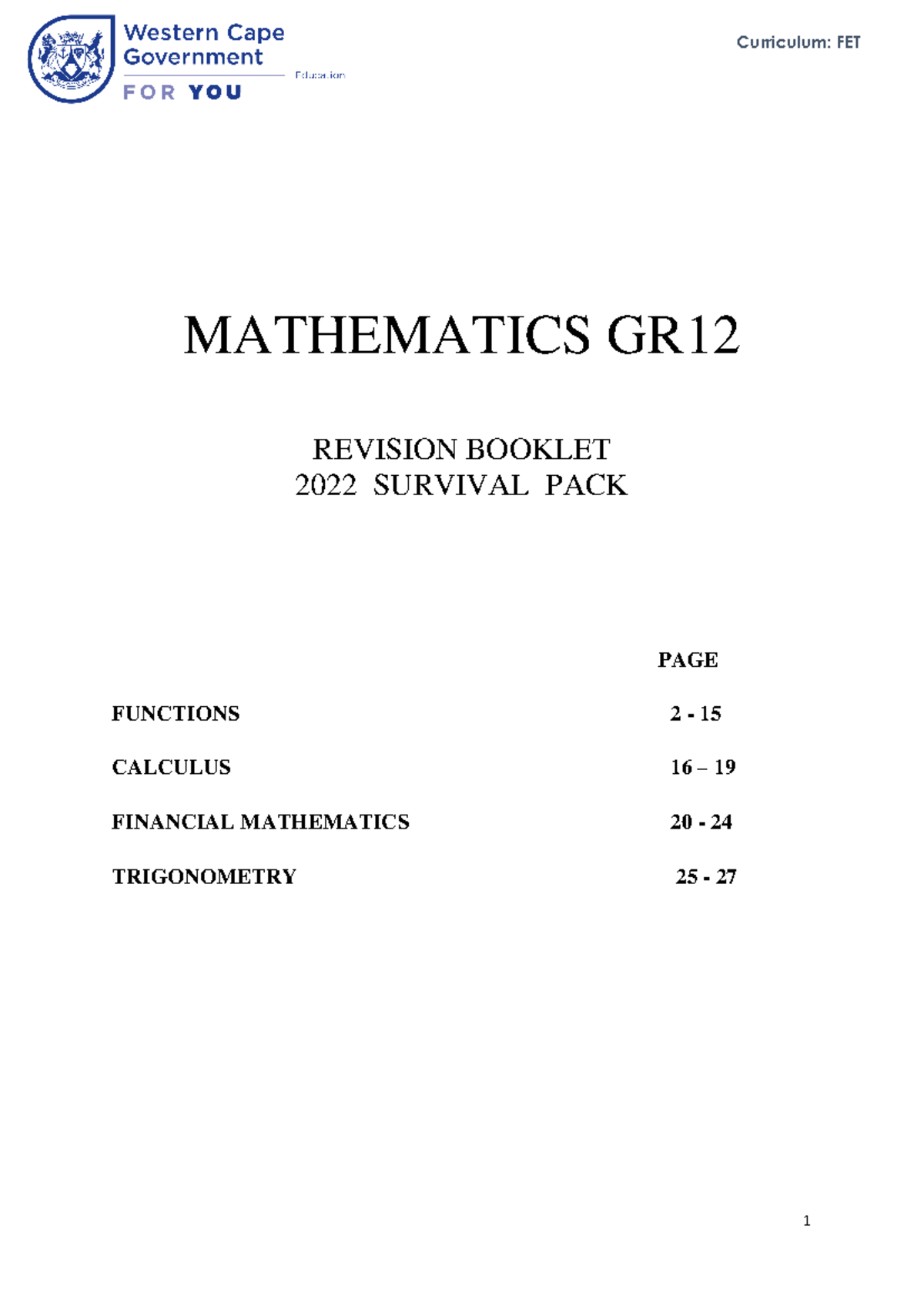 Mathematics Survival Kit: FET GR12 Revision Notes 2022 - Studocu