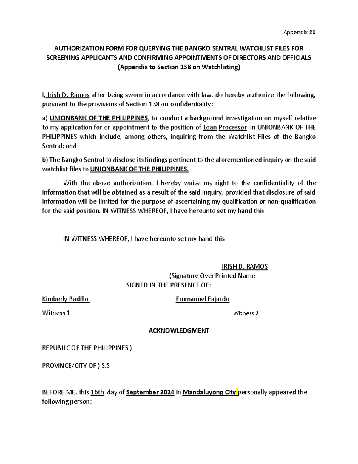 10 - AFQ for BSP Watchlist: App Form for Loan Processor Screening - Studocu
