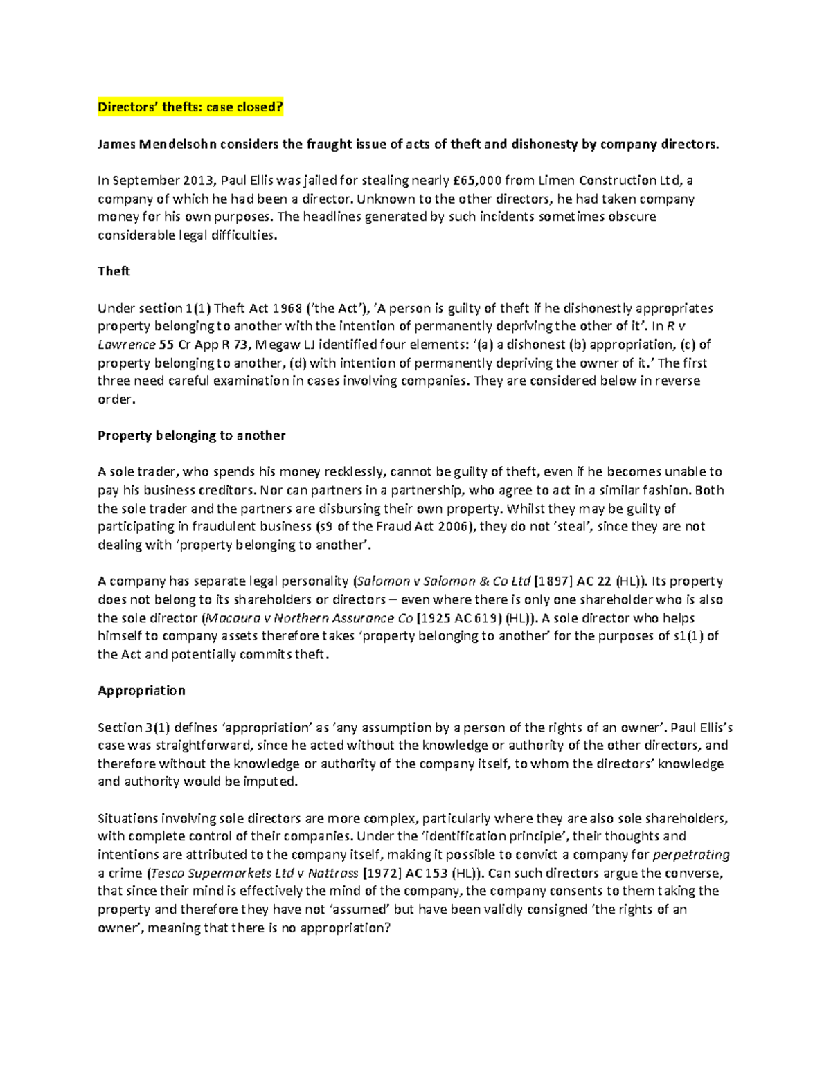 Directors' Thefts: Legal Perspectives on Dishonesty and Appropriation ...