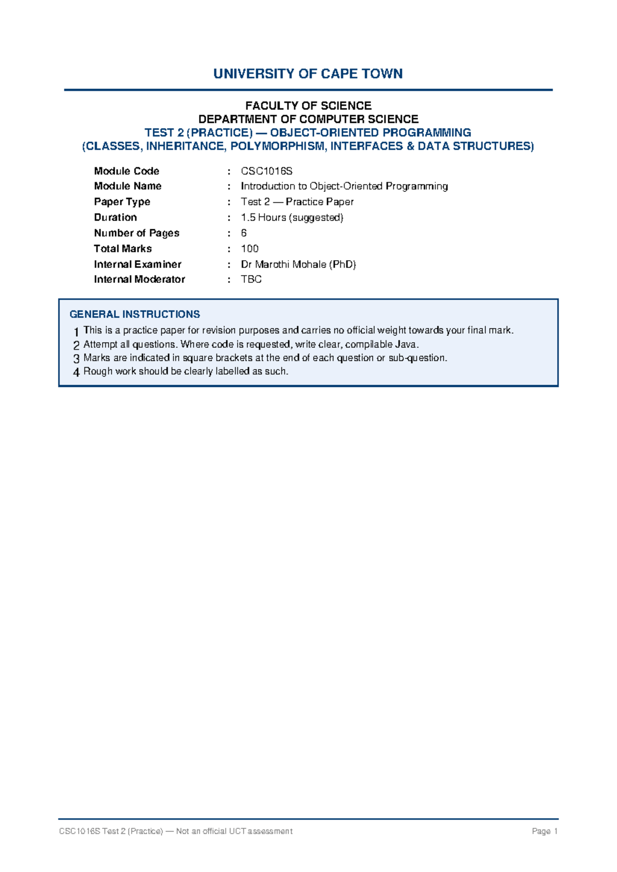 CSC1016S Test 2 Practice Paper: Programming Concepts & Data Structures ...