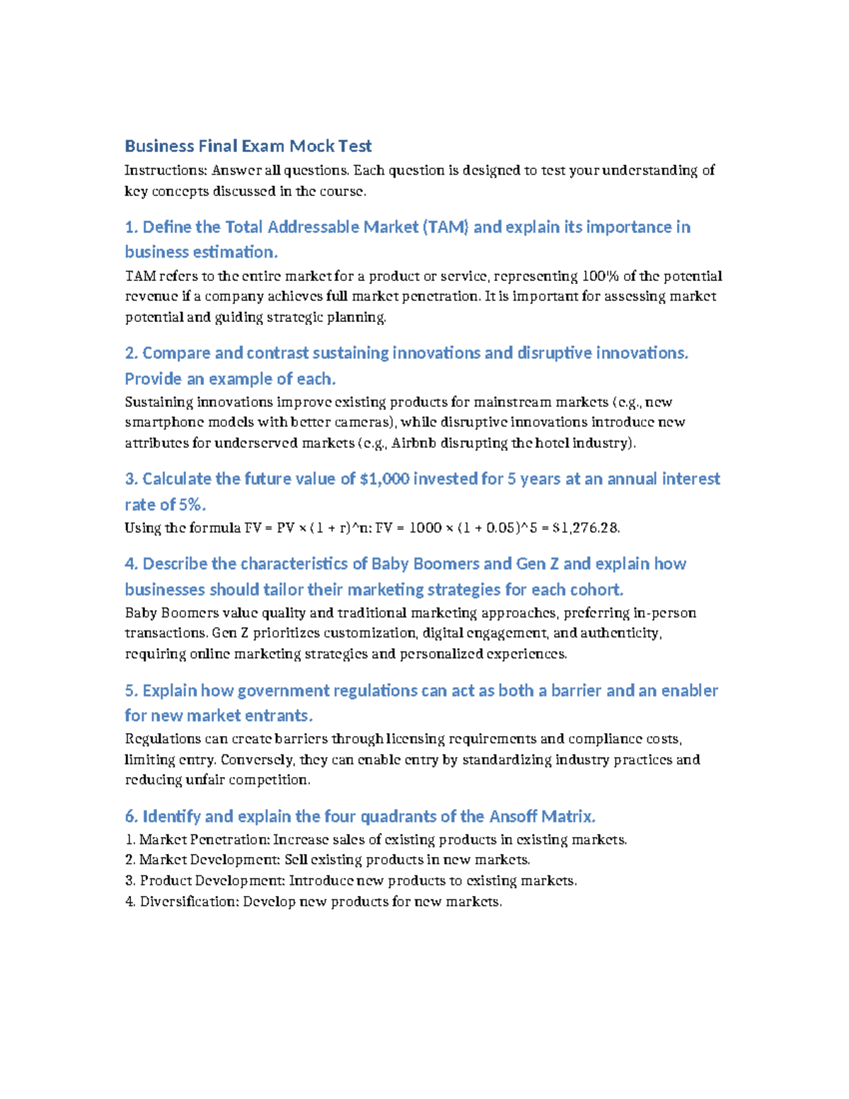Business 101 Final Exam Mock Test: Key Concepts Review - Studocu
