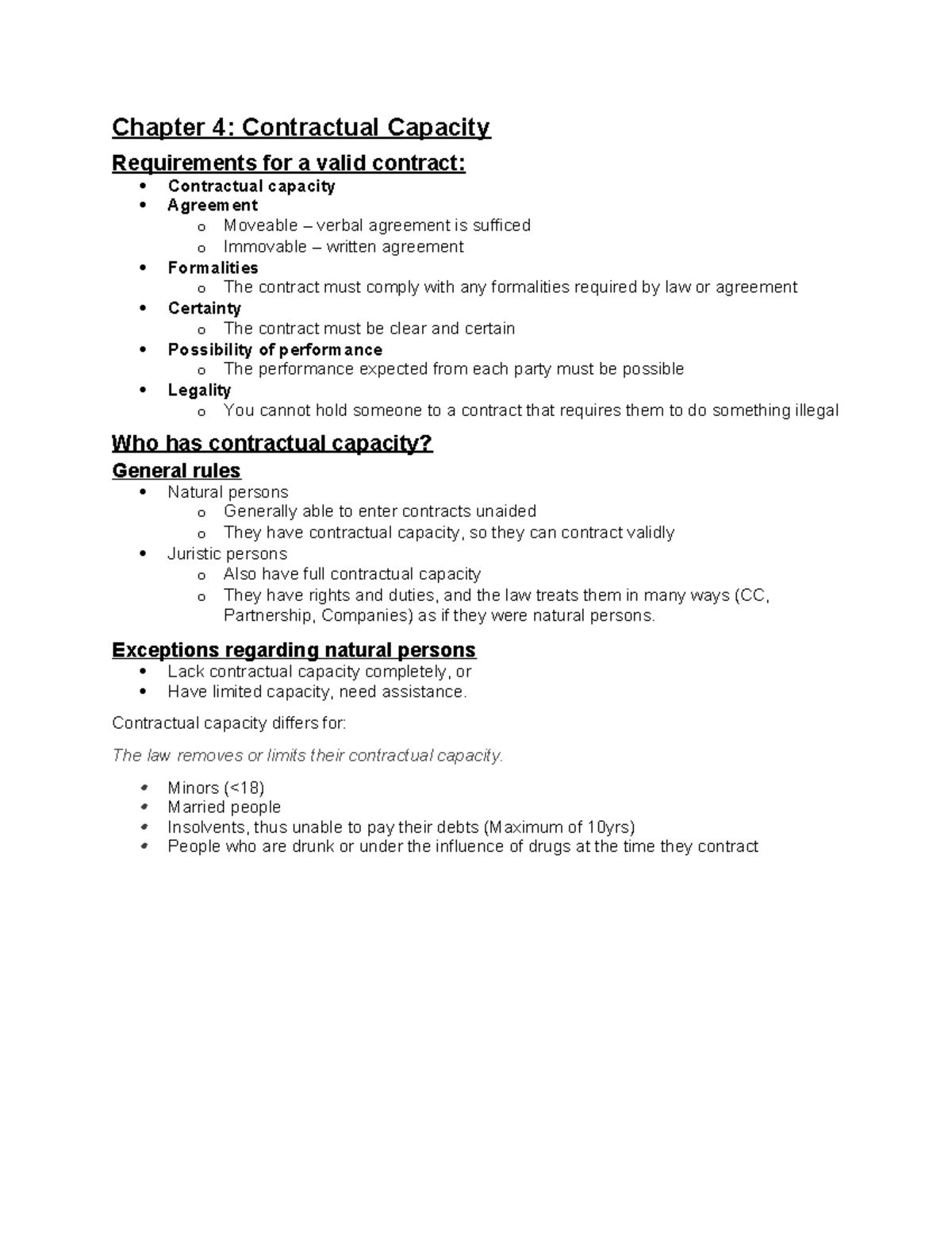 Chapter 4: Contractual Capacity Requirements for Valid Contracts - Studocu