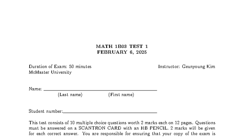 MATH 1B03 Midterm Test 1 Solutions - February 6, 2025 - Studocu