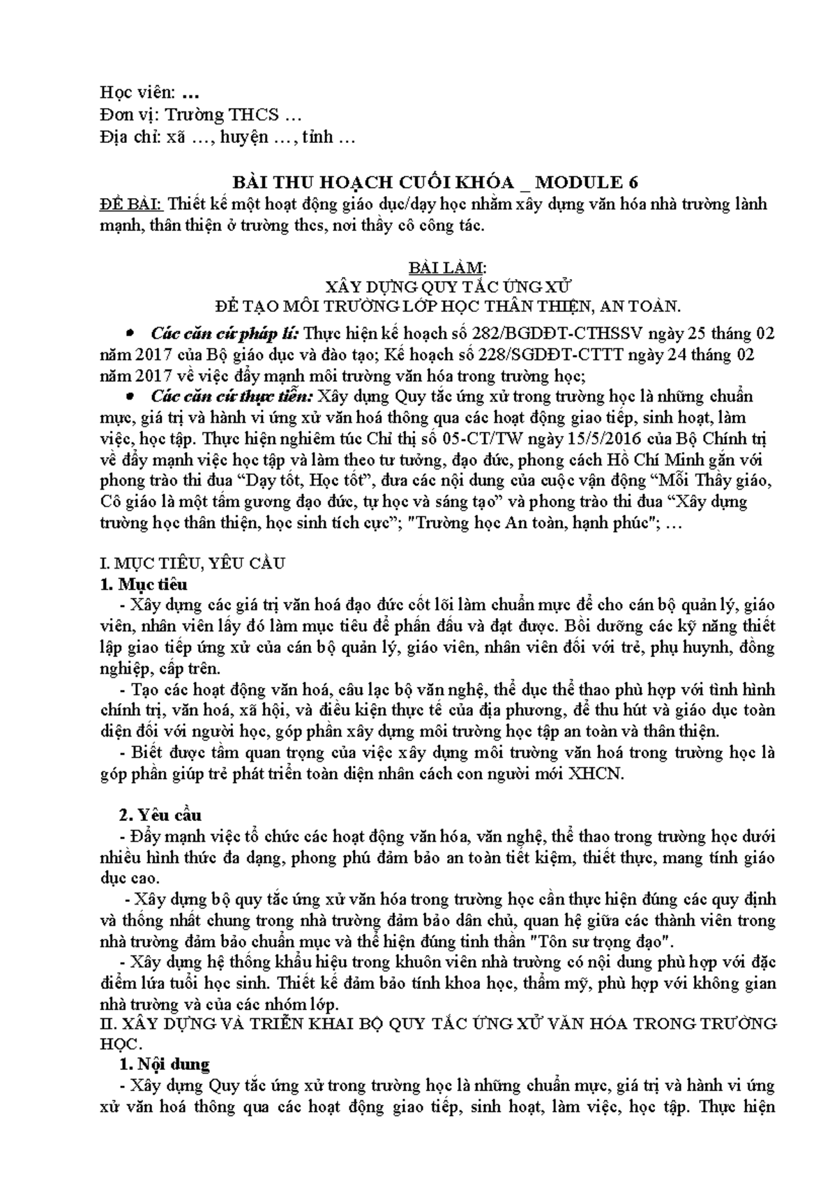 Bài Thu Hoạch Cuối Khóa Module 6: Xây Dựng Quy Tắc Ứng Xử An Toàn, Thân ...