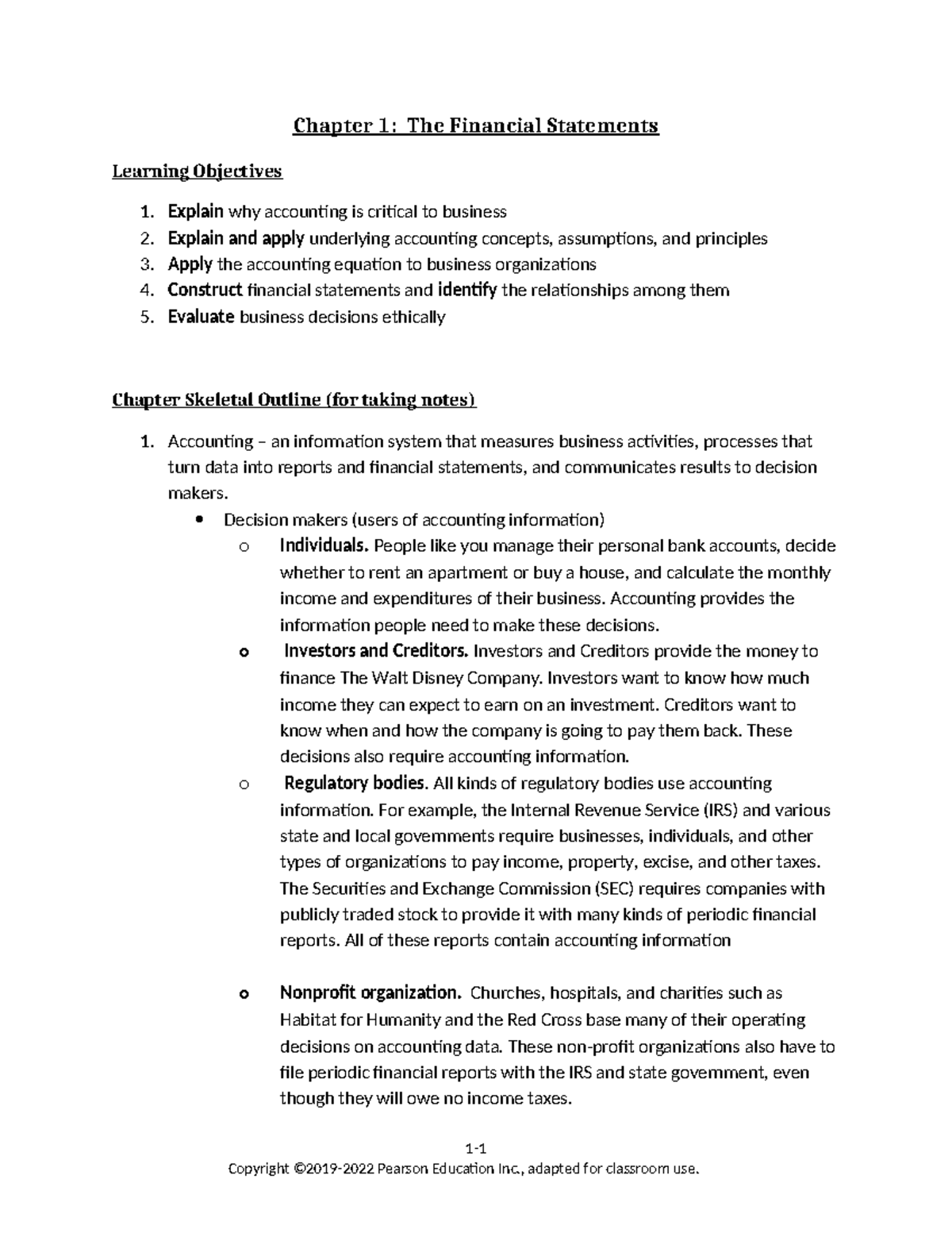 2010 ACC 101 Ch 01 Financial Statements Skeletal Notes - Studocu