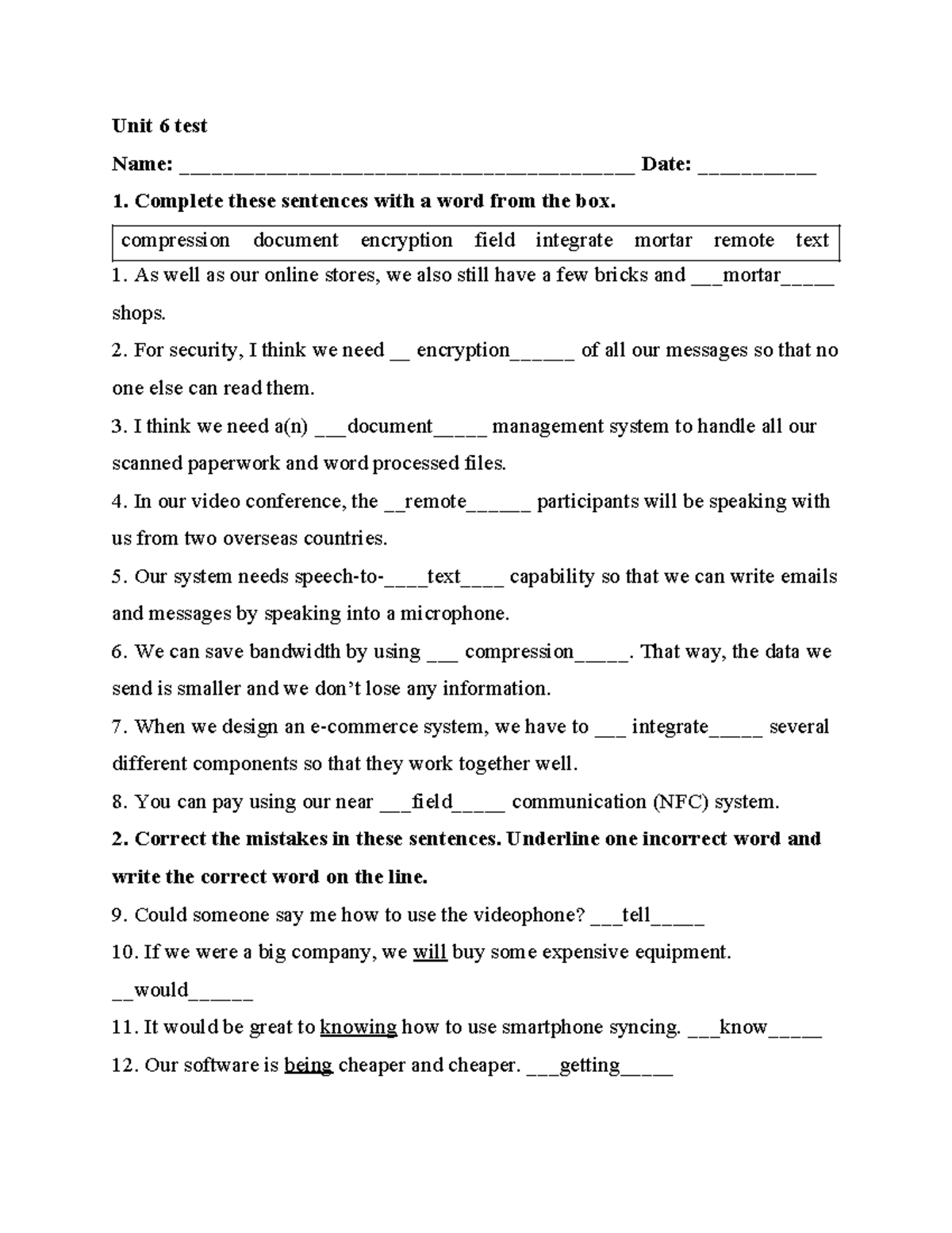 Unit 6 Test: Vocabulary and Grammar Exercises for Moodle 7 - Studocu