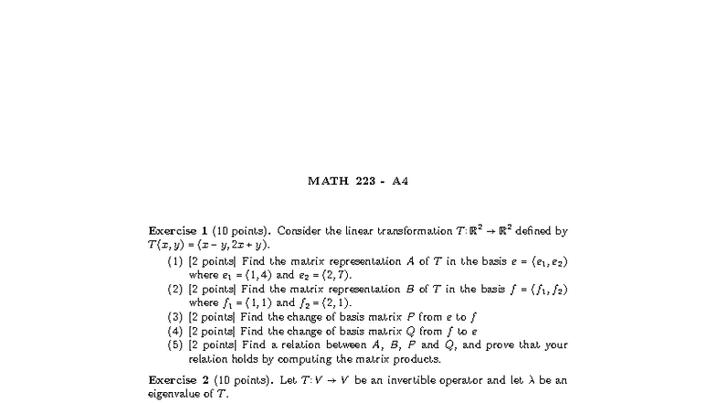MATH 223 A4 Exercise Questions and Matrix Transformations - Studocu