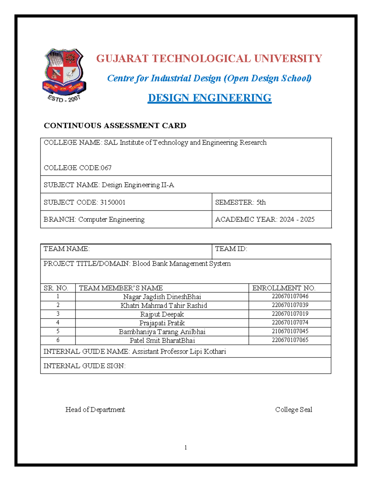 Design Engineering II-A (3150001) Continuous Assessment Card: Blood ...